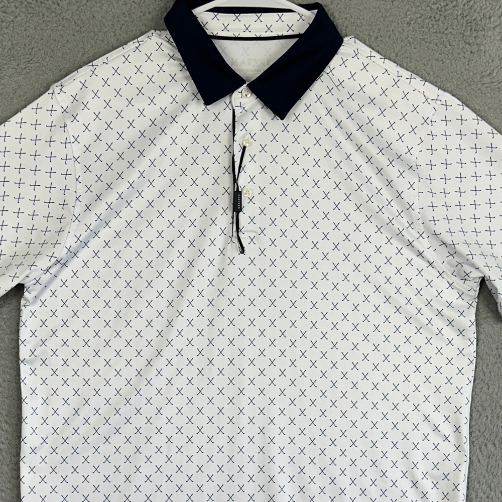 NEW‎ Maelreg Performance Polo Shirt Mens Medium White Blue Golf Club Print Rugby